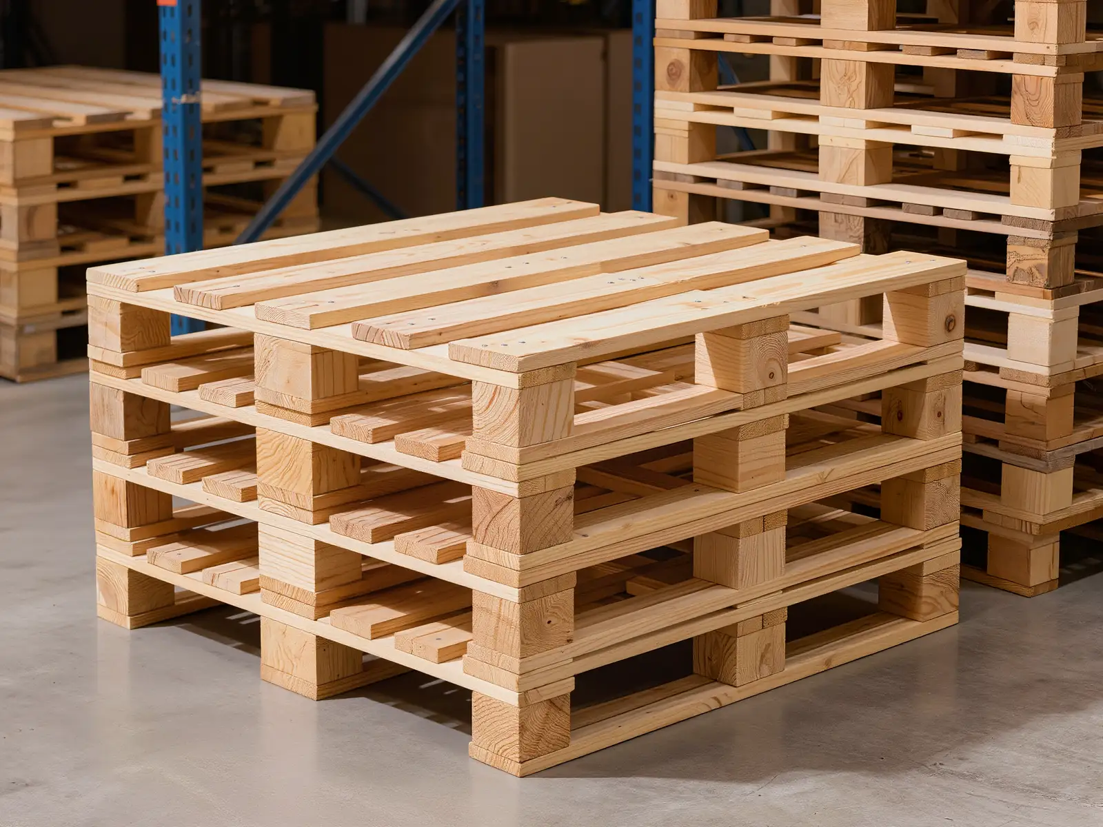 Tarimas de madera nuevas apiladas en un almacén, listas para cargar