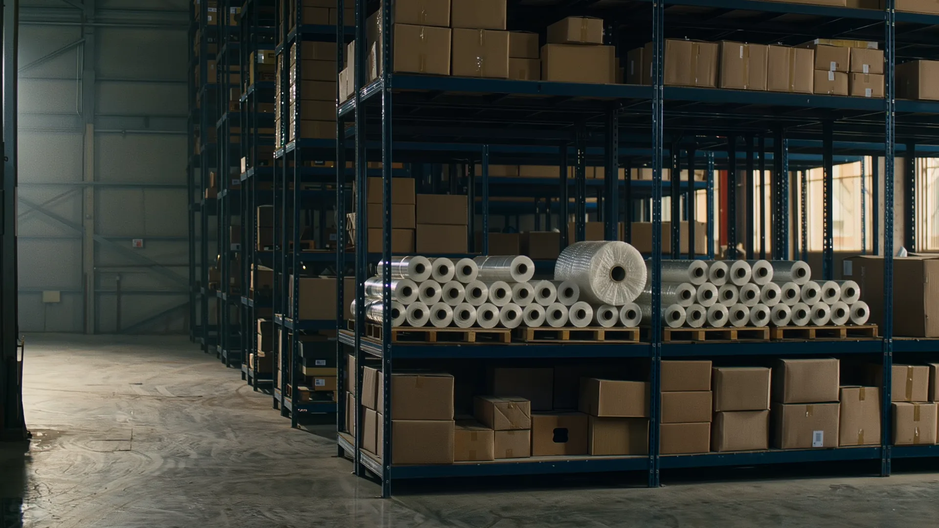 Rollos de playo, cajas de cartón y poliburbuja apilados en la bodega de Packwall